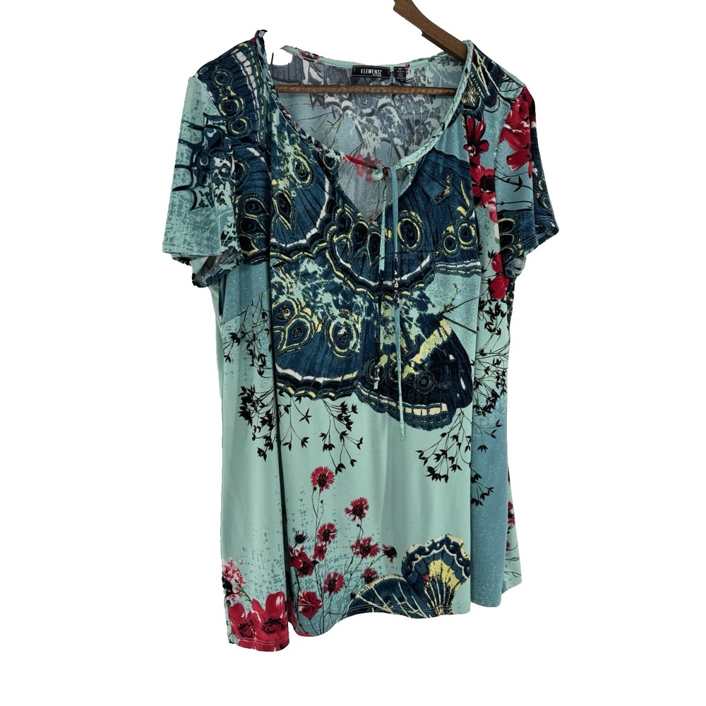 Elementz 1X Blue Short Sleeve Graphic Print Butterfly Key Hole Tie Fairy flaw‎